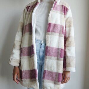 Fuzzy Soft Cream Purple Zipper Jacket | Faux Fur Plaid Jacket